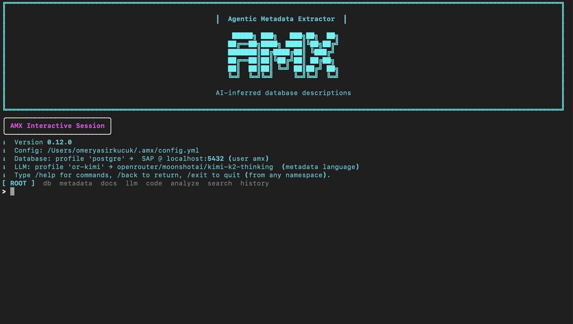 AMX interactive session: Agentic Metadata Extractor banner followed by version, config path, active database and LLM profile, and the root command palette (db / metadata / docs / llm / code / analyze / search / history)